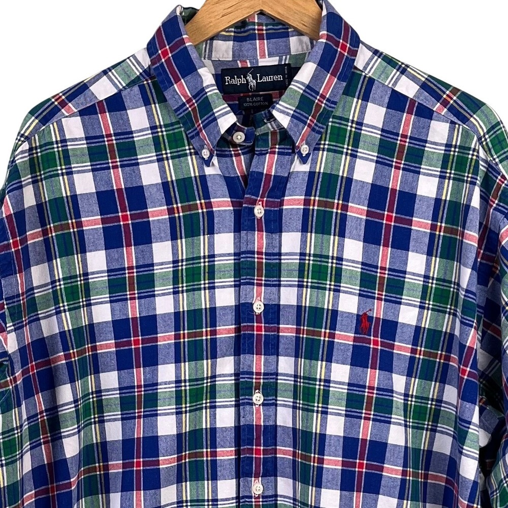 Ralph Lauren Blaire Long Sleeve Button Collar Blue Green Red‎ Check XL Men's